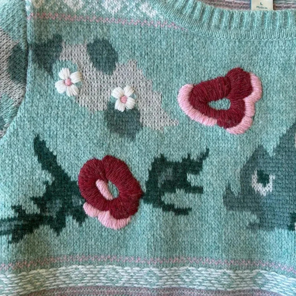 Sundance Bold Botanic Floral Knit Embroidered Wool Sweater Jumper Aqua Size L - Picture 7 of 9